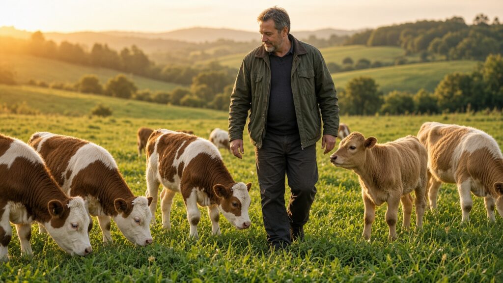 Farmer walking among calves in a green European pasture