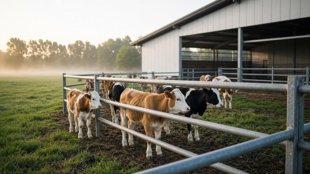 Calves on a European farm at golden hour