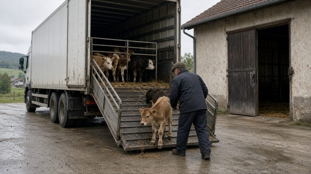 Calves being delivered to a farm by livestock truck